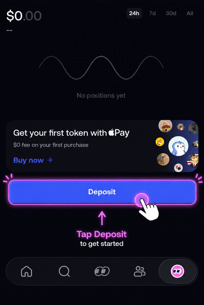 fomo app profile tab with the Deposit button highlighted