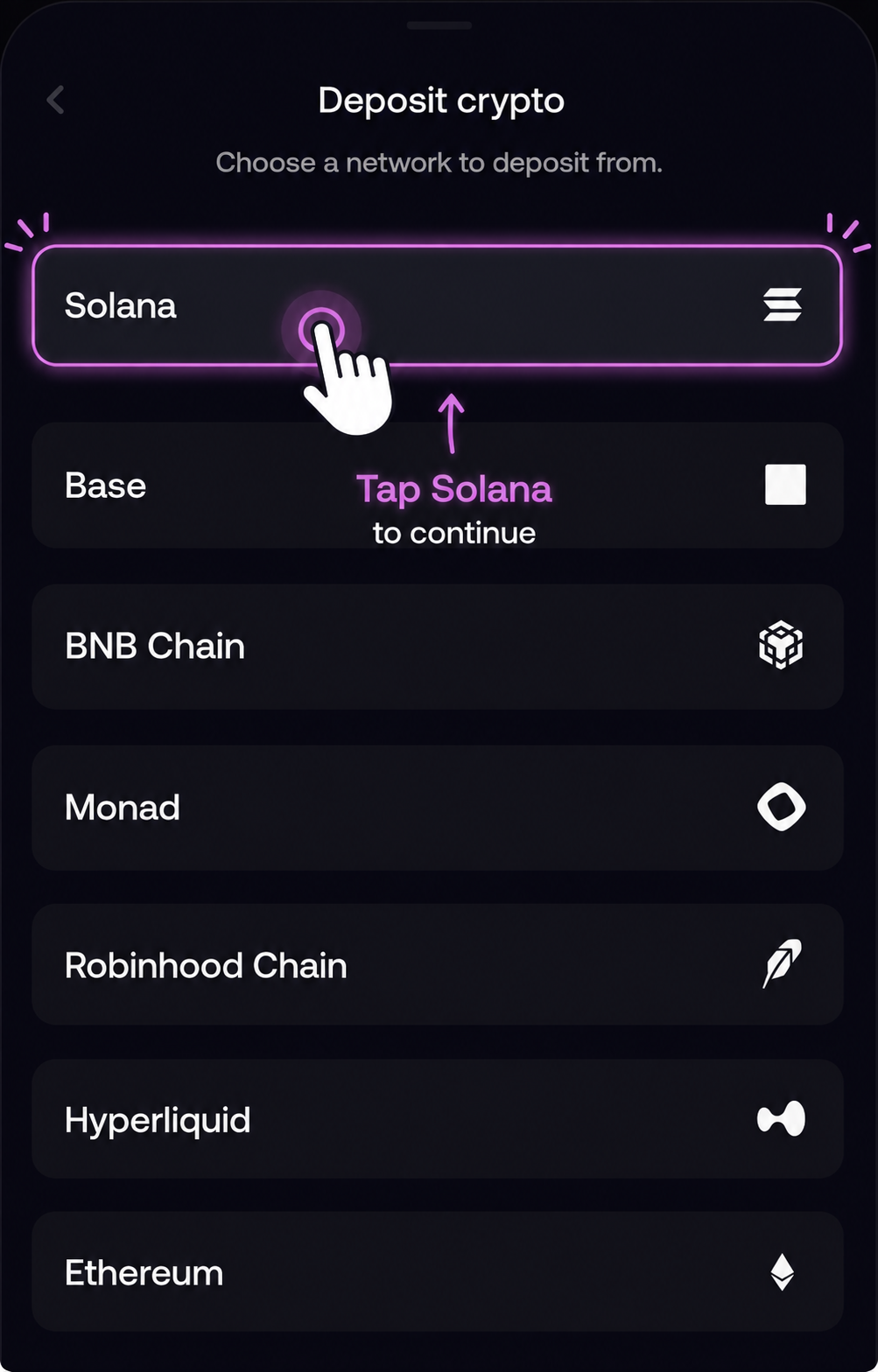 Network list with Solana highlighted