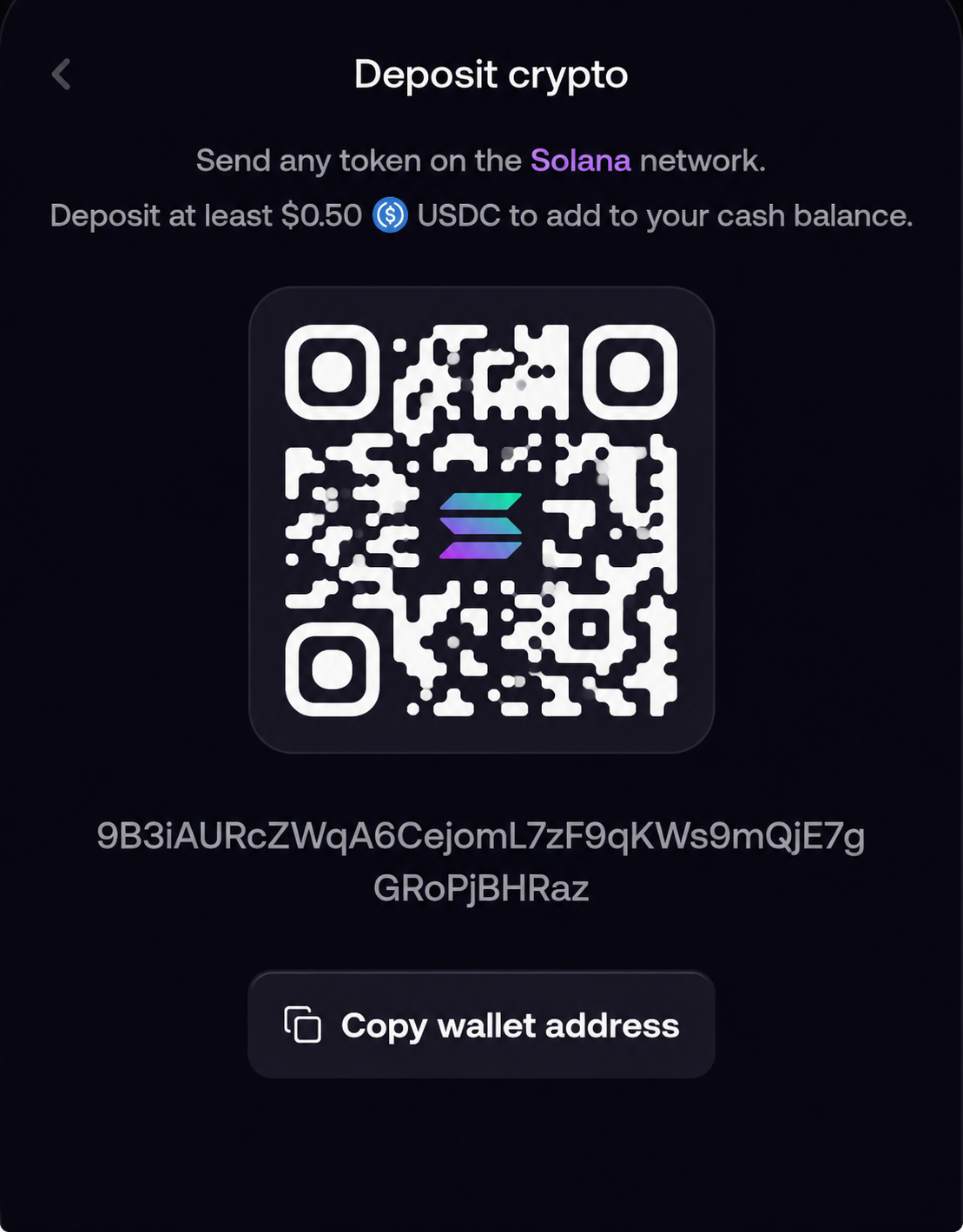 Deposit crypto screen showing the wallet QR code